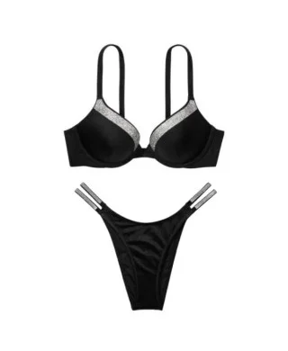 Купальник з камінчиками чорний Victoria's Secret Very Sexy Shine Trim Push-Up + Плавки Бразильяни